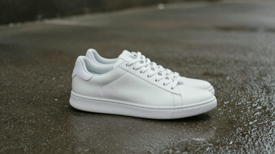 First shot: a white sneaker on wet concrete