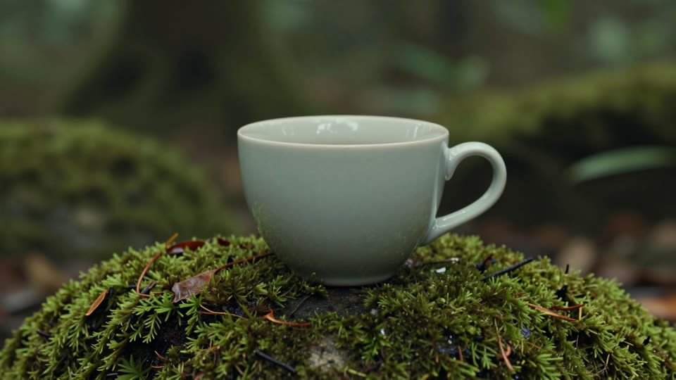 Last shot: a ceramic cup on a mossy rock